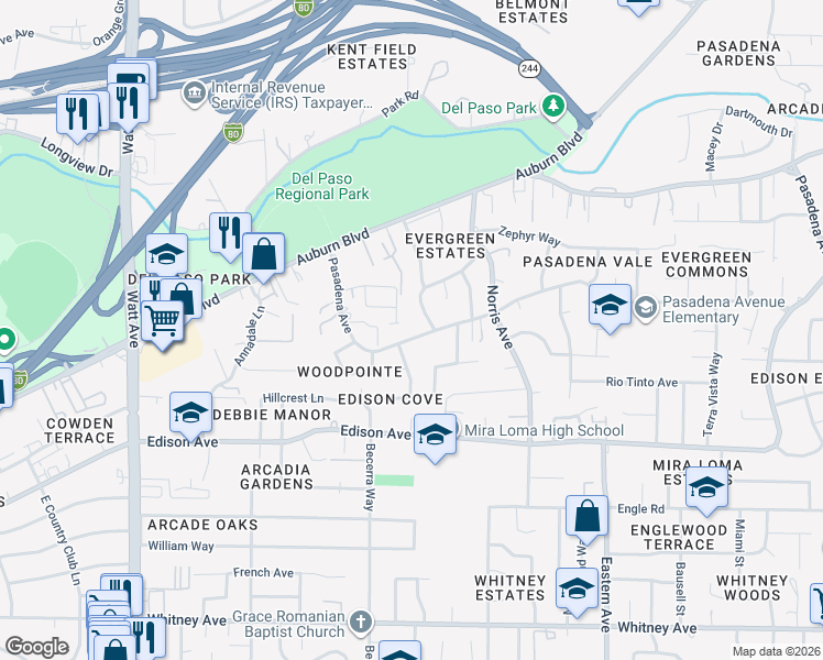 map of restaurants, bars, coffee shops, grocery stores, and more near 3930 Aberdeen Way in Sacramento