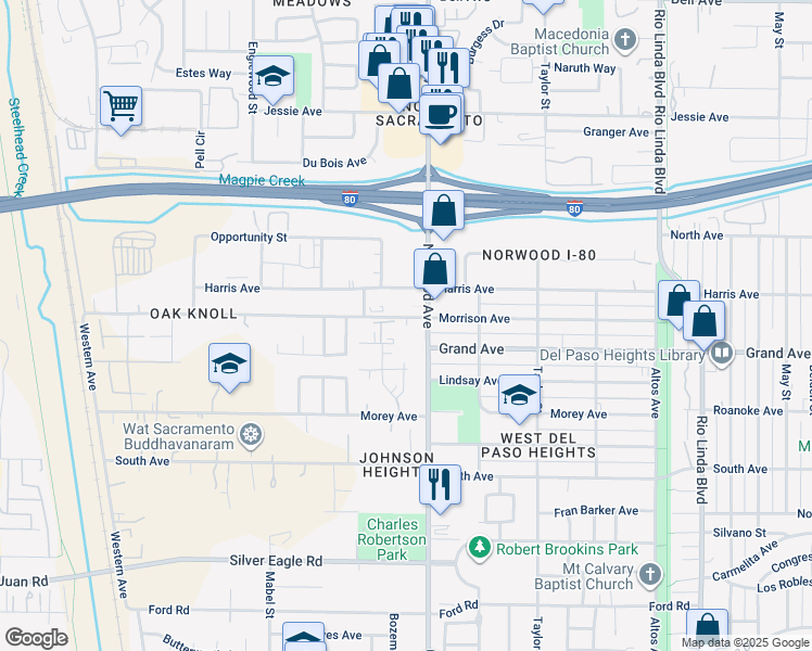map of restaurants, bars, coffee shops, grocery stores, and more near 3801 Norwood Avenue in Sacramento