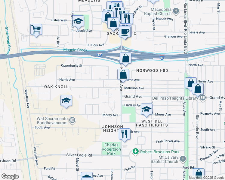 map of restaurants, bars, coffee shops, grocery stores, and more near 3801 Norwood Avenue in Sacramento