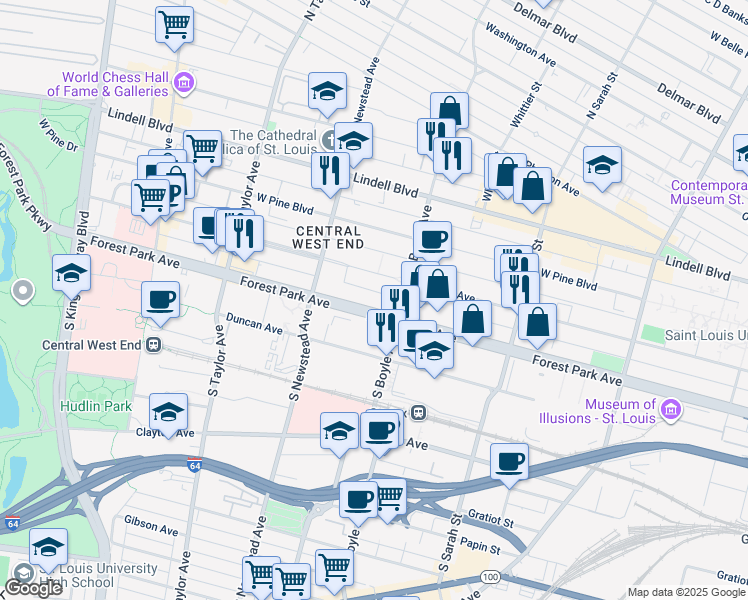 map of restaurants, bars, coffee shops, grocery stores, and more near 4352 Forest Park Avenue in St. Louis