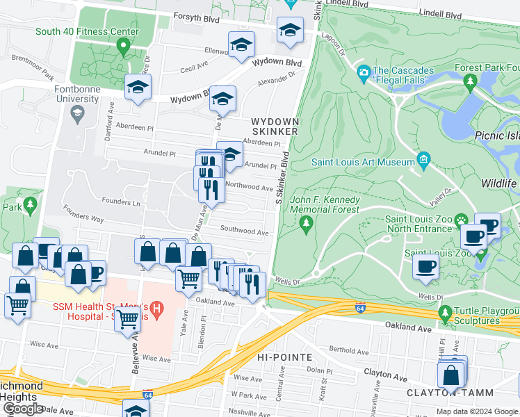 map of restaurants, bars, coffee shops, grocery stores, and more near 6220 Rosebury Avenue in Clayton