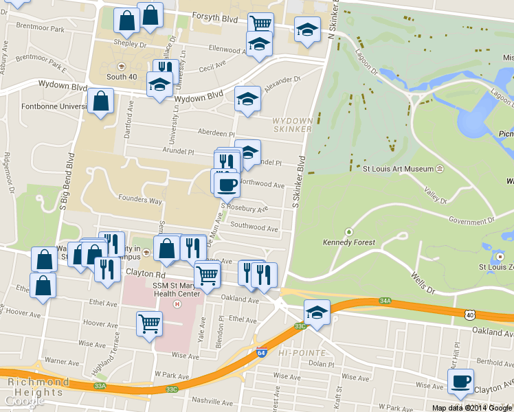 map of restaurants, bars, coffee shops, grocery stores, and more near 6308 South Rosebury Avenue in Clayton