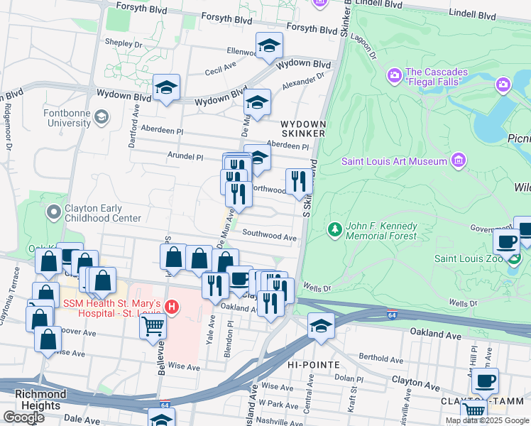 map of restaurants, bars, coffee shops, grocery stores, and more near 6308 South Rosebury Avenue in Clayton