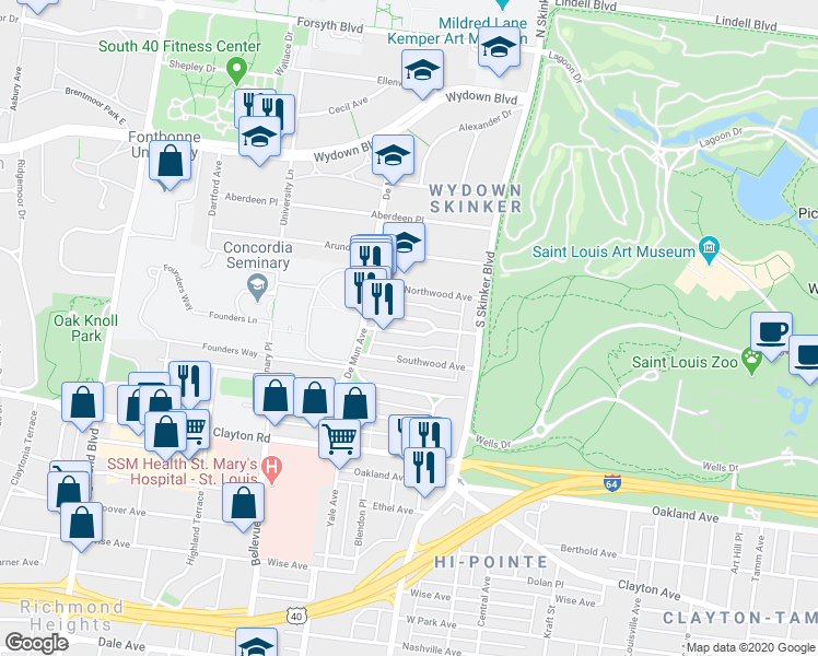 map of restaurants, bars, coffee shops, grocery stores, and more near 6308 South Rosebury Avenue in Clayton