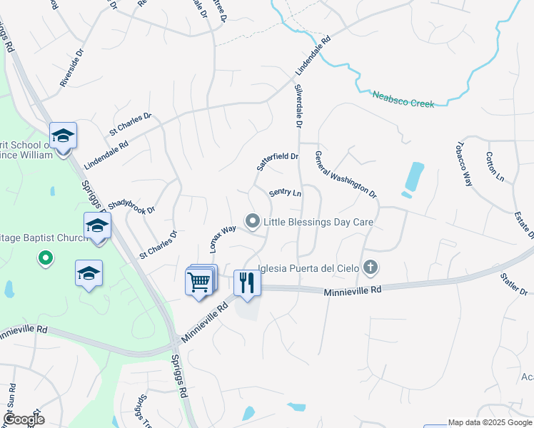 map of restaurants, bars, coffee shops, grocery stores, and more near 14694 Stratford Drive in Woodbridge