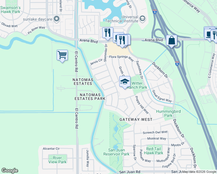 map of restaurants, bars, coffee shops, grocery stores, and more near 40 Opus Circle in Sacramento