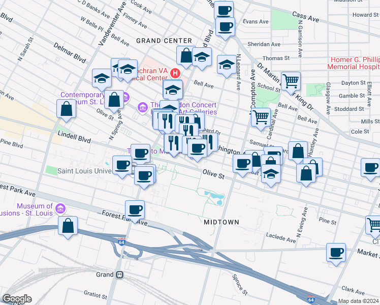 map of restaurants, bars, coffee shops, grocery stores, and more near 3433 Locust Street in St. Louis