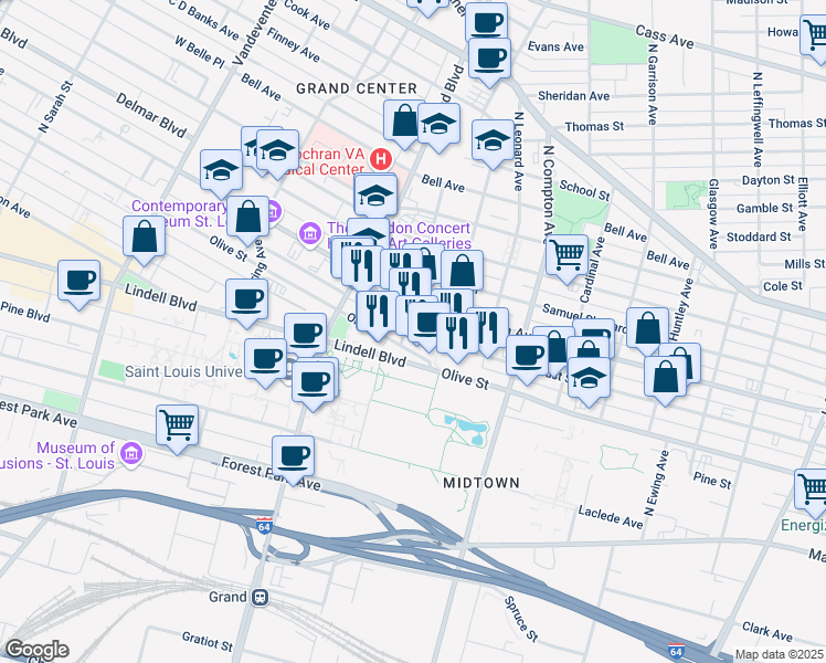 map of restaurants, bars, coffee shops, grocery stores, and more near 3433 Locust Street in St. Louis