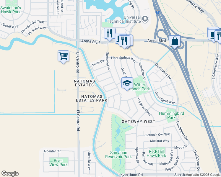 map of restaurants, bars, coffee shops, grocery stores, and more near 50 Cakebread Circle in Sacramento