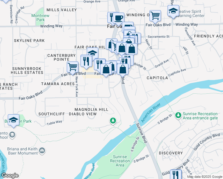 map of restaurants, bars, coffee shops, grocery stores, and more near 4010 Pennsylvania Avenue in Fair Oaks