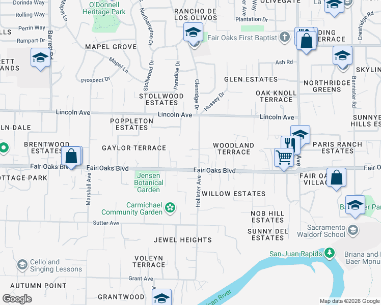 map of restaurants, bars, coffee shops, grocery stores, and more near in Carmichael