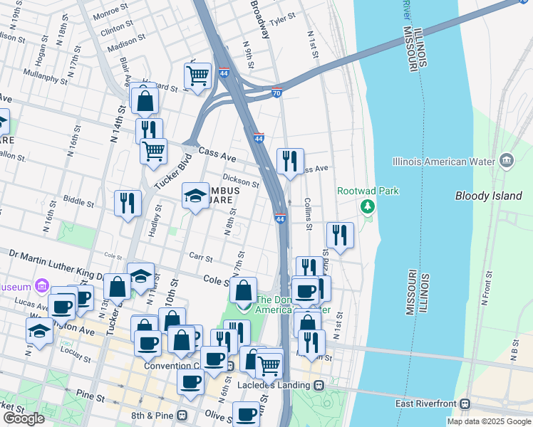 map of restaurants, bars, coffee shops, grocery stores, and more near 1301 North 6th Street in St. Louis