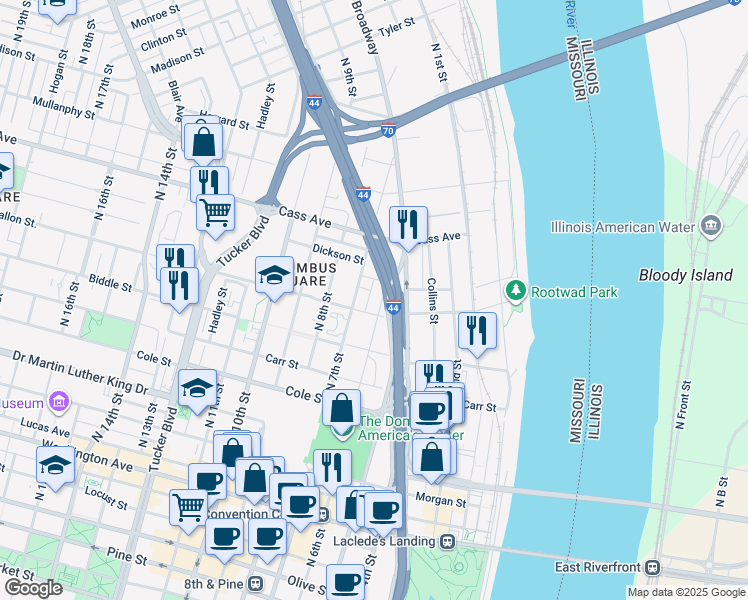 map of restaurants, bars, coffee shops, grocery stores, and more near 1301 North 6th Street in St. Louis