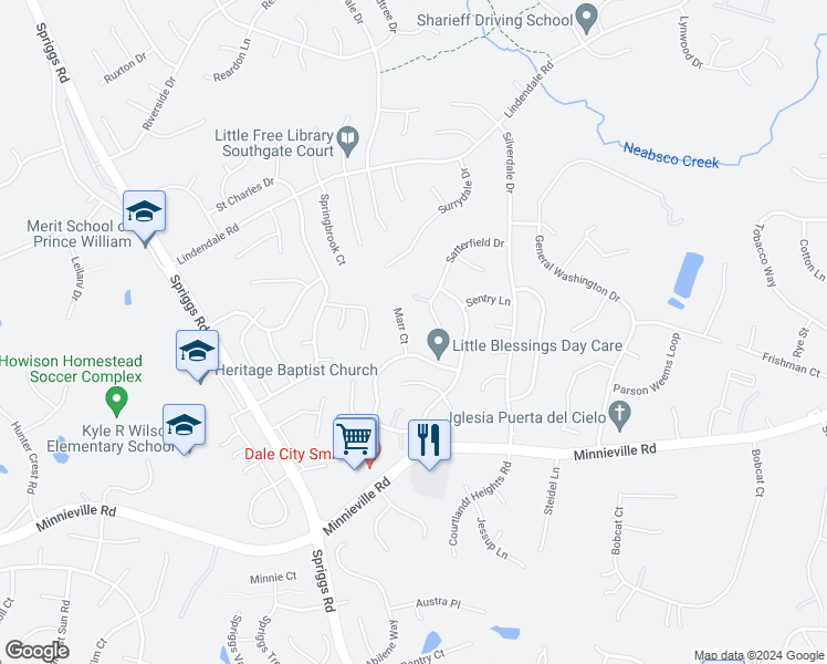 map of restaurants, bars, coffee shops, grocery stores, and more near 14597 Marr Court in Woodbridge