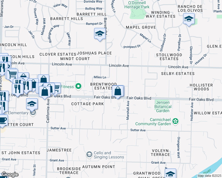 map of restaurants, bars, coffee shops, grocery stores, and more near 4008 Alex Lane in Carmichael