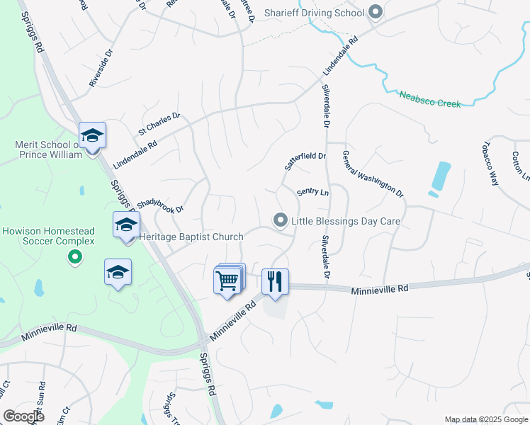 map of restaurants, bars, coffee shops, grocery stores, and more near 14597 Marr Court in Woodbridge
