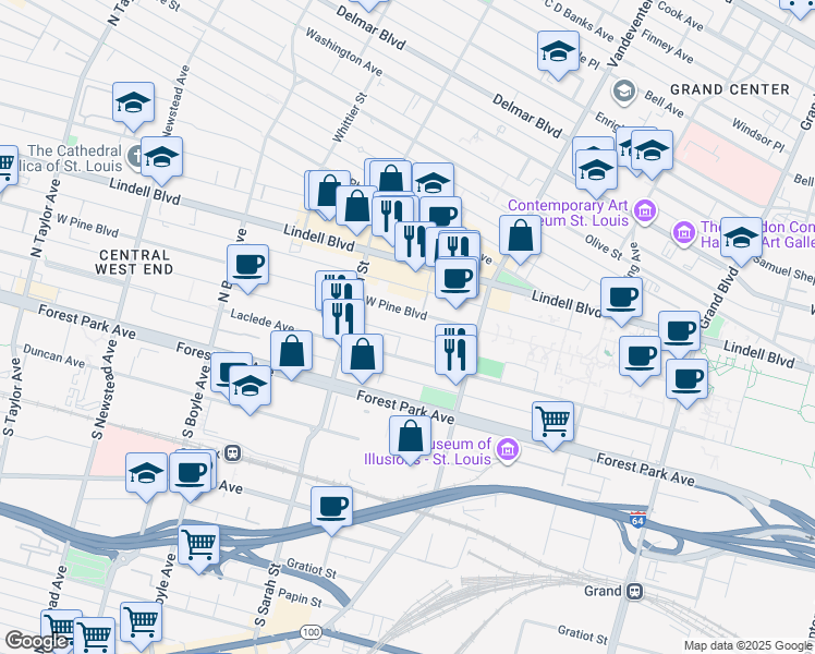 map of restaurants, bars, coffee shops, grocery stores, and more near 4001 Laclede Avenue in St. Louis