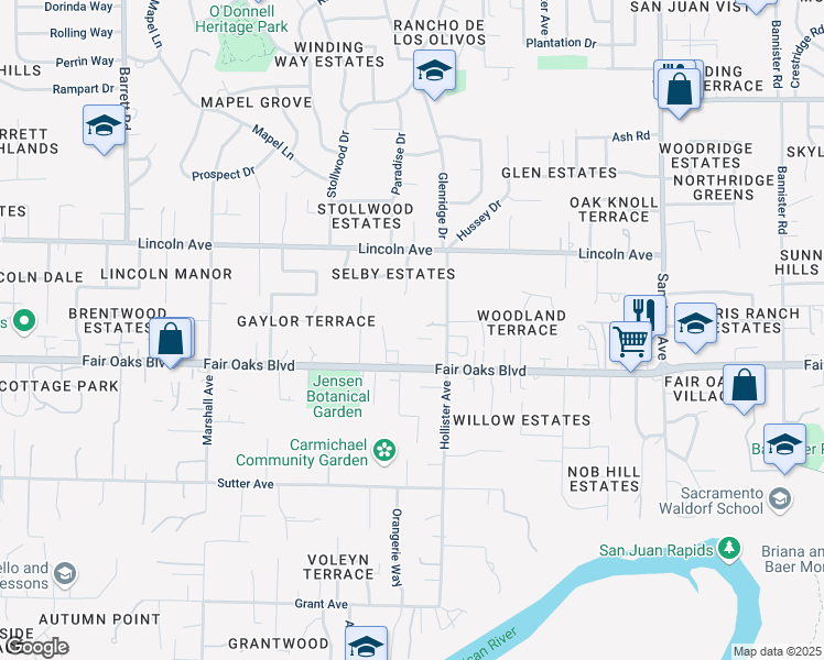 map of restaurants, bars, coffee shops, grocery stores, and more near 8613 Fair Oaks Boulevard in Carmichael