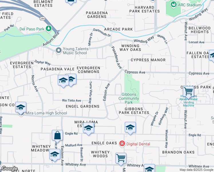 map of restaurants, bars, coffee shops, grocery stores, and more near 4544 Edison Avenue in Sacramento