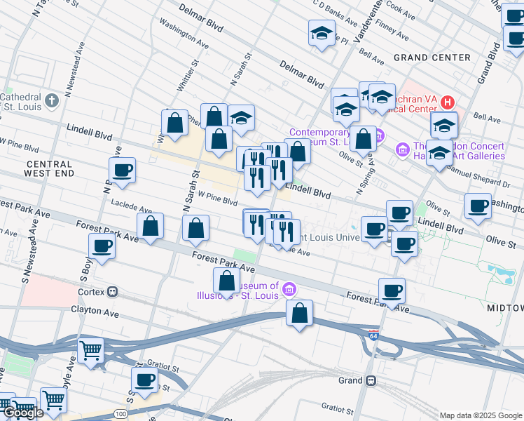 map of restaurants, bars, coffee shops, grocery stores, and more near 20 Vandeventer Avenue in St. Louis