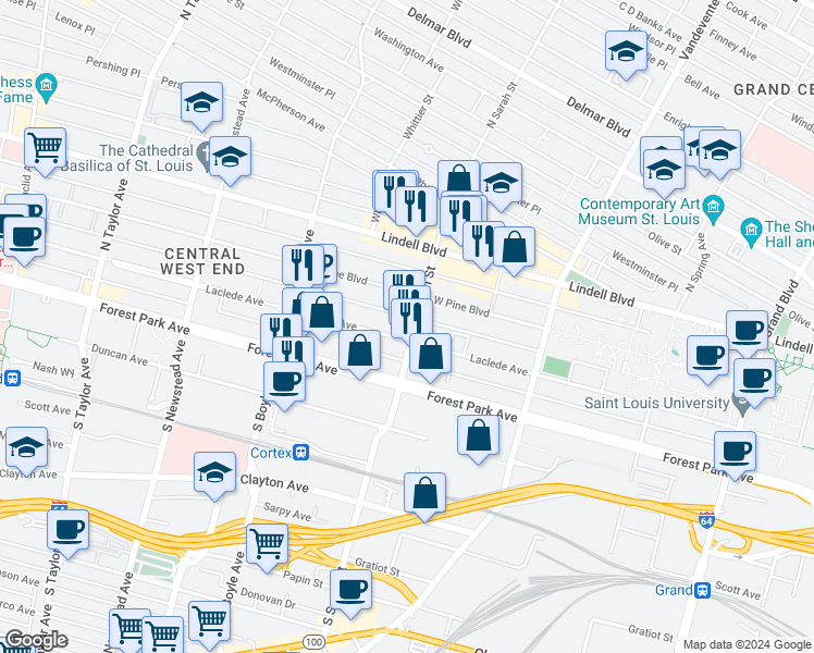 map of restaurants, bars, coffee shops, grocery stores, and more near 4100 Laclede Avenue in St. Louis