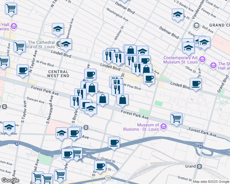 map of restaurants, bars, coffee shops, grocery stores, and more near 4100 Laclede Avenue in St. Louis
