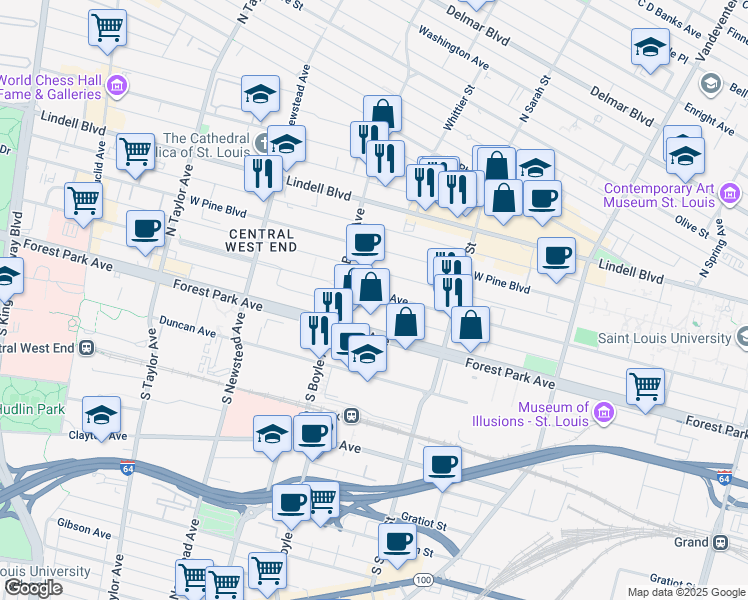 map of restaurants, bars, coffee shops, grocery stores, and more near 4245 Forest Park Avenue in St. Louis