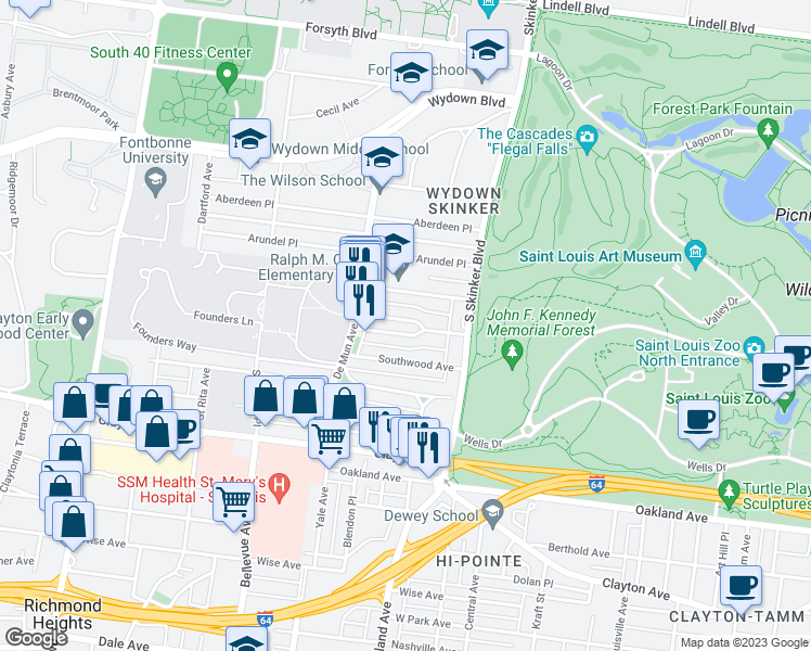 map of restaurants, bars, coffee shops, grocery stores, and more near 6308 South Rosebury Avenue in Clayton