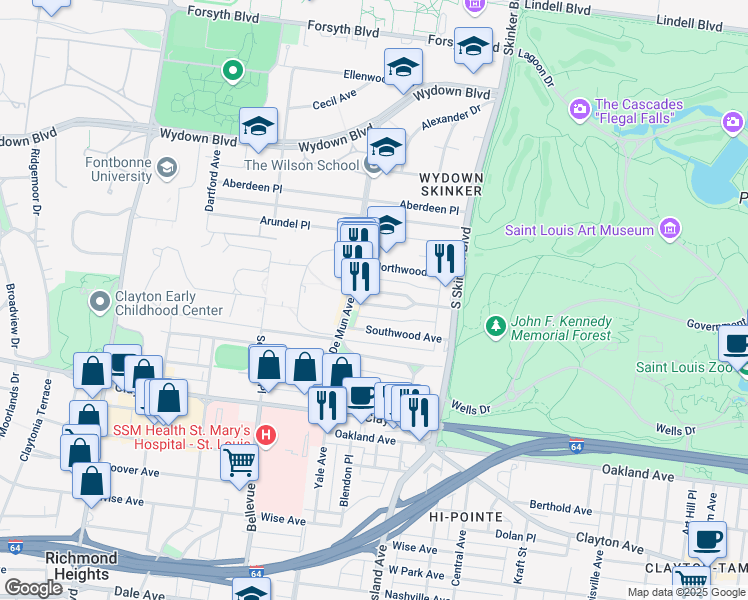 map of restaurants, bars, coffee shops, grocery stores, and more near 6337 Southwood Avenue in Clayton