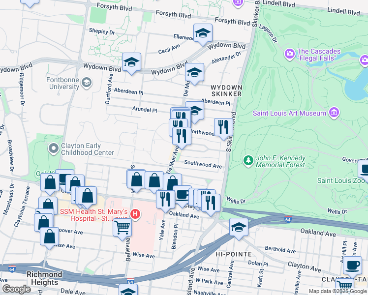 map of restaurants, bars, coffee shops, grocery stores, and more near 6337 Southwood Avenue in Clayton