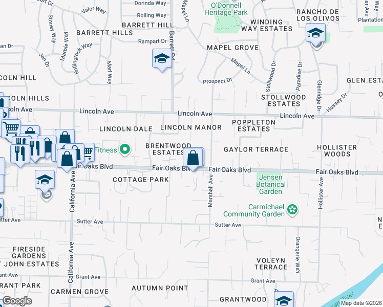 map of restaurants, bars, coffee shops, grocery stores, and more near 8141 Fair Oaks Boulevard in Carmichael
