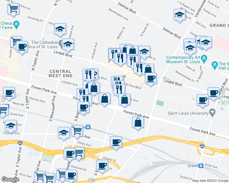 map of restaurants, bars, coffee shops, grocery stores, and more near 4121 Laclede Avenue in St. Louis