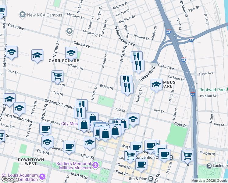 map of restaurants, bars, coffee shops, grocery stores, and more near in St. Louis