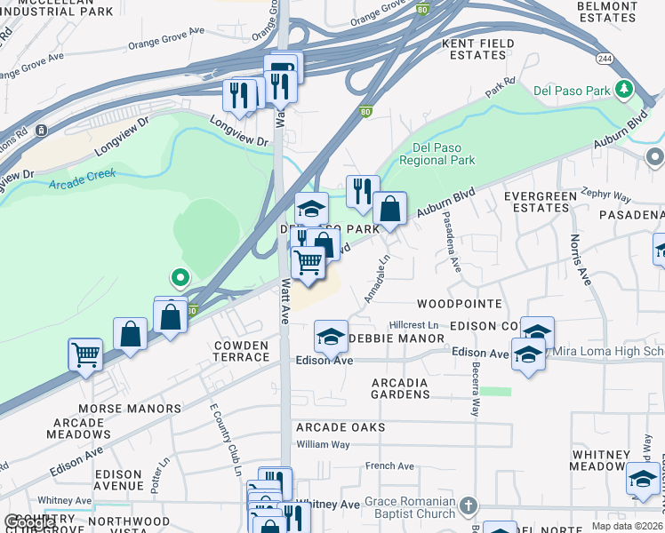 map of restaurants, bars, coffee shops, grocery stores, and more near 3552 Auburn Boulevard in Sacramento