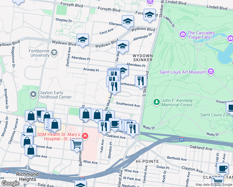 map of restaurants, bars, coffee shops, grocery stores, and more near 6333 South Rosebury Avenue in Clayton