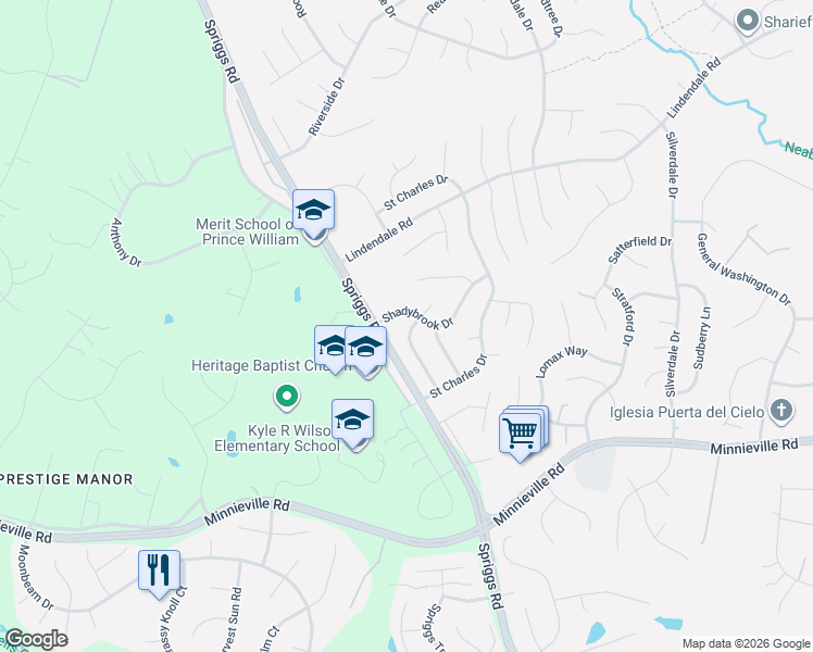 map of restaurants, bars, coffee shops, grocery stores, and more near 5672 Saffron Lane in Woodbridge