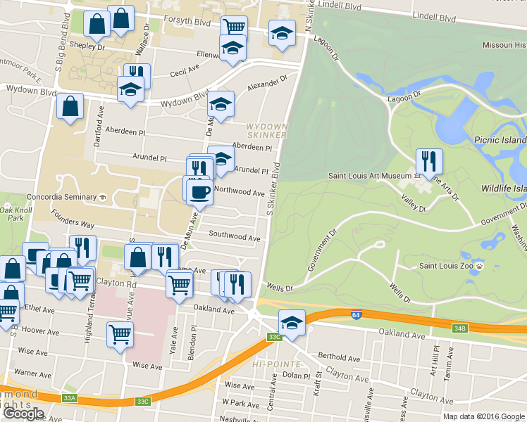 map of restaurants, bars, coffee shops, grocery stores, and more near 6220 Rosebury Avenue in Clayton