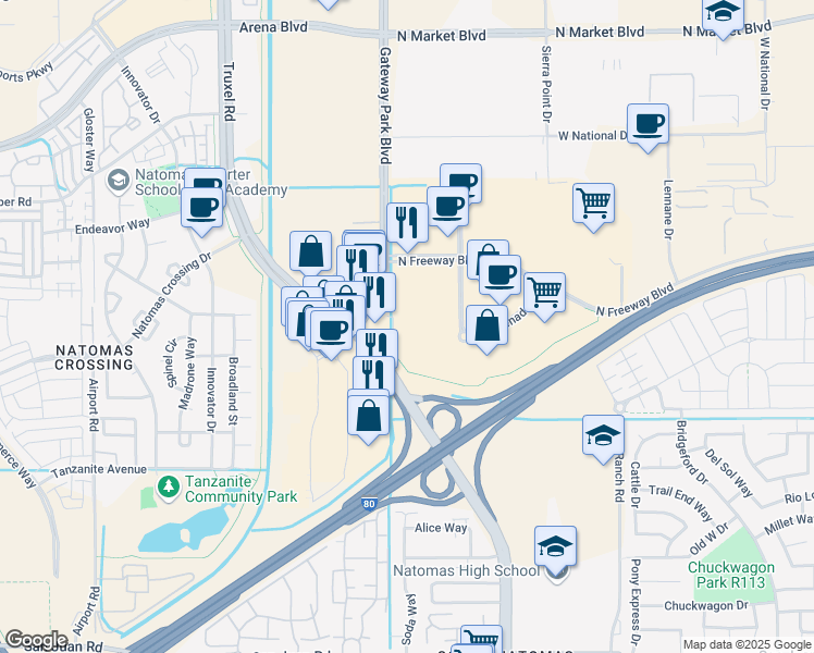 map of restaurants, bars, coffee shops, grocery stores, and more near 130 Promenade Circle in Sacramento