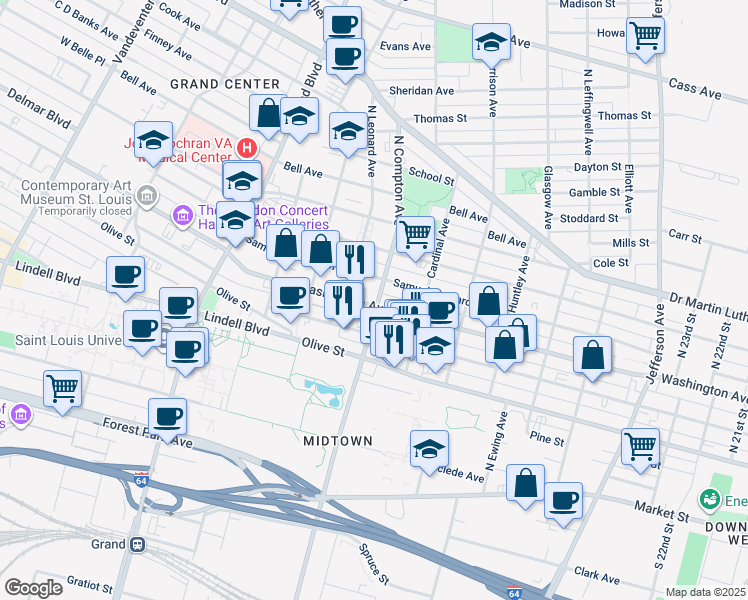 map of restaurants, bars, coffee shops, grocery stores, and more near in St. Louis