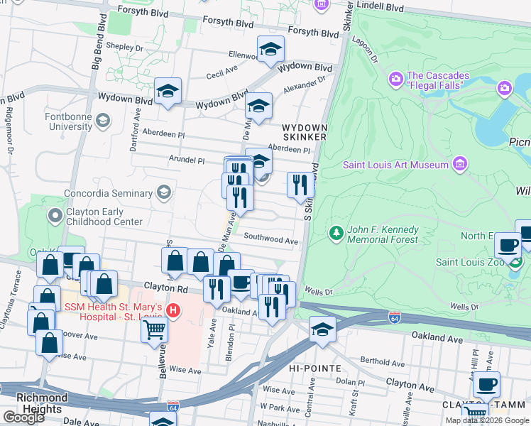 map of restaurants, bars, coffee shops, grocery stores, and more near 6308 South Rosebury Avenue in Clayton