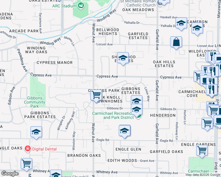 map of restaurants, bars, coffee shops, grocery stores, and more near 3957 Oak Villa Circle in Carmichael