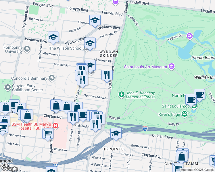 map of restaurants, bars, coffee shops, grocery stores, and more near 665 South Skinker Boulevard in St. Louis