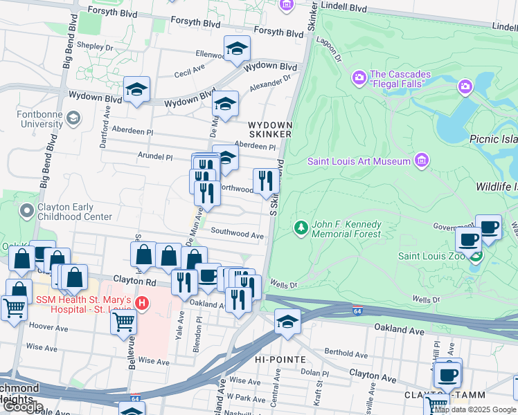 map of restaurants, bars, coffee shops, grocery stores, and more near 6220 Rosebury Avenue in Clayton