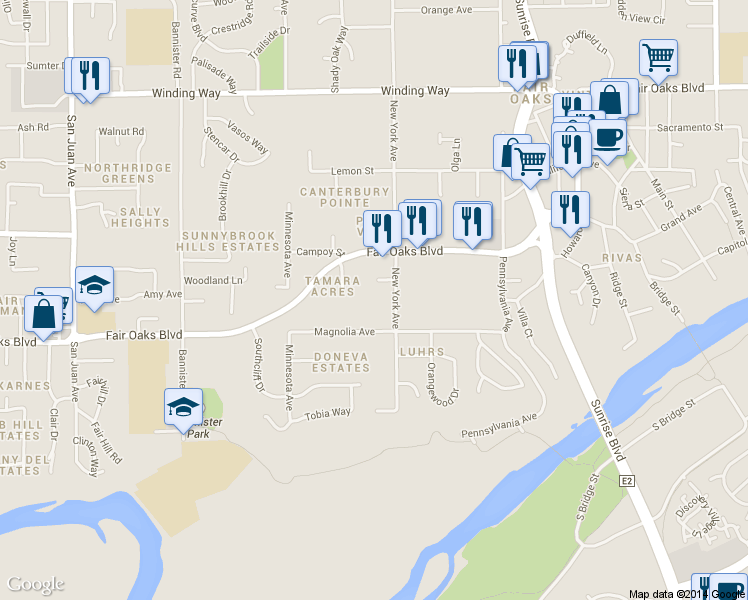 map of restaurants, bars, coffee shops, grocery stores, and more near 7783 Magnolia Avenue in Fair Oaks