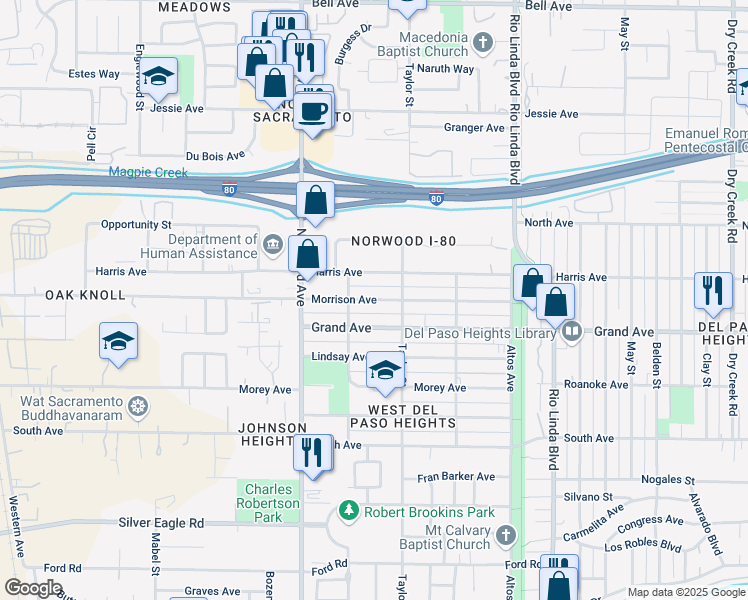 map of restaurants, bars, coffee shops, grocery stores, and more near 557 Grand Avenue in Sacramento