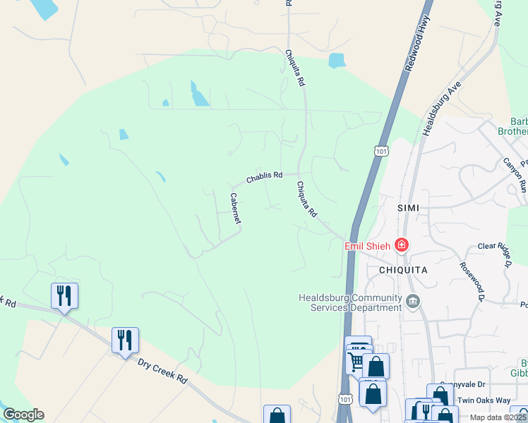 map of restaurants, bars, coffee shops, grocery stores, and more near Hassett Road in Healdsburg
