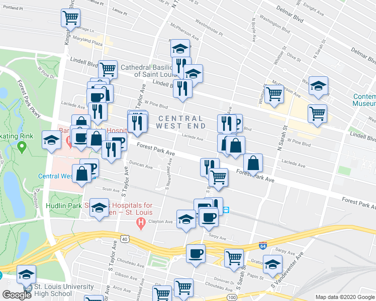map of restaurants, bars, coffee shops, grocery stores, and more near 4376 Forest Park Avenue in St. Louis