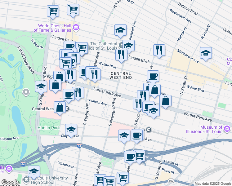 map of restaurants, bars, coffee shops, grocery stores, and more near 4376 Forest Park Avenue in St. Louis