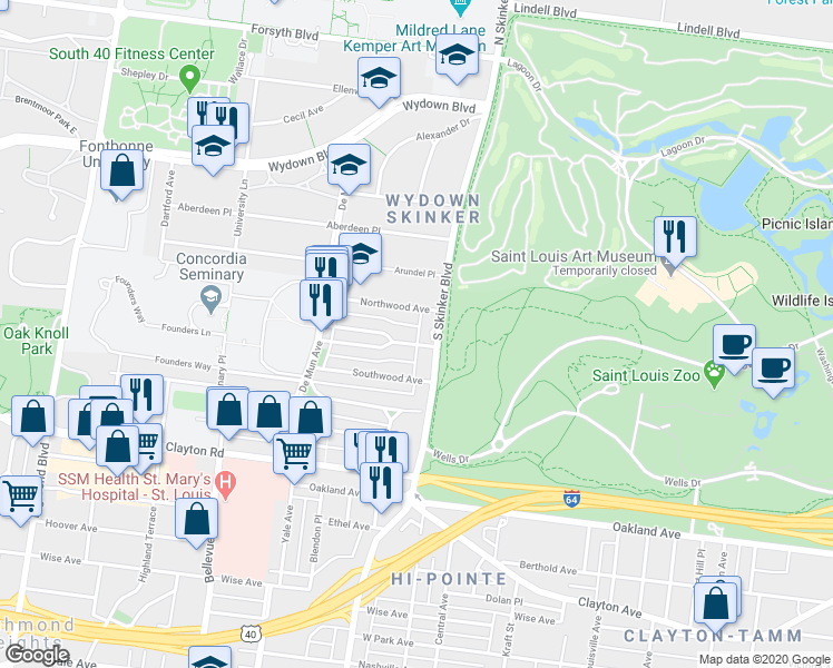 map of restaurants, bars, coffee shops, grocery stores, and more near 6220 Rosebury Avenue in Clayton