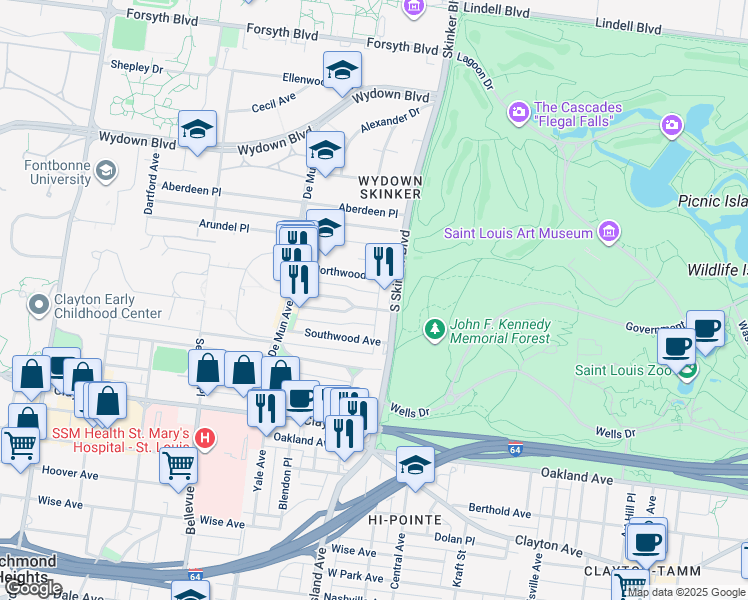map of restaurants, bars, coffee shops, grocery stores, and more near 6220 Rosebury Avenue in Clayton
